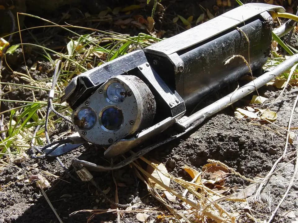 A sewer inspection camera with lights and a swiveling head